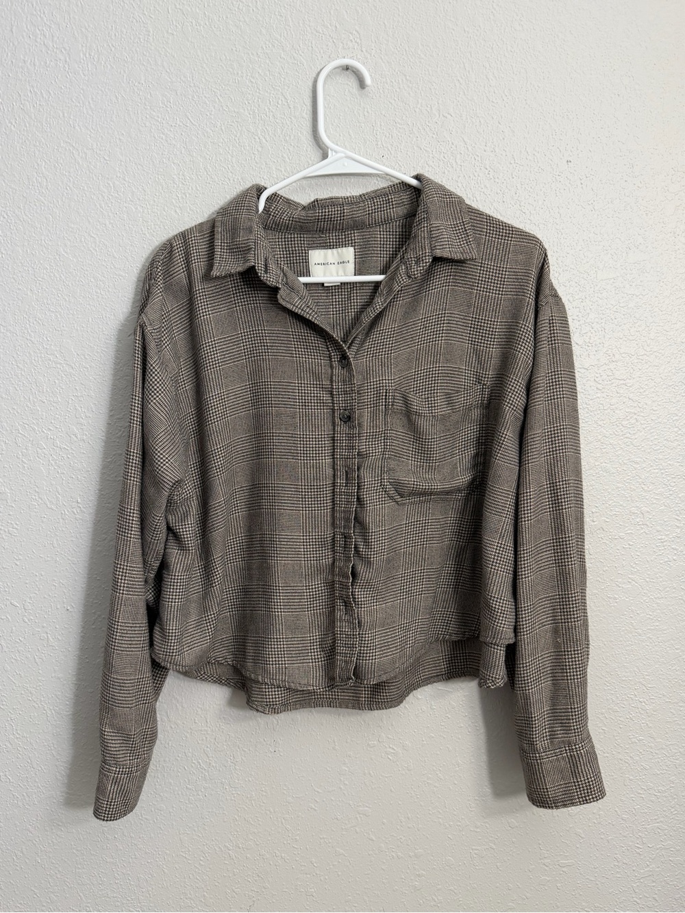 American Eagle Outfitters Cropped Brown Plaid Button-Down Shirt
